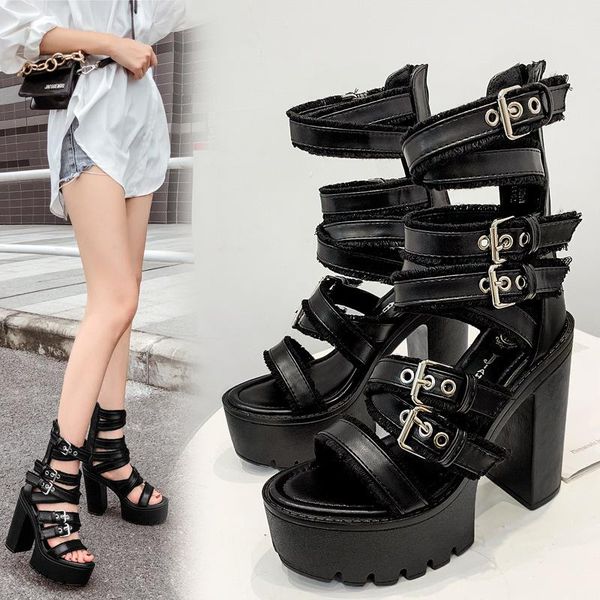 

sandals leopard land stage performance high heel platform shoes chunky buckle hollow tassel -7911-1, Black
