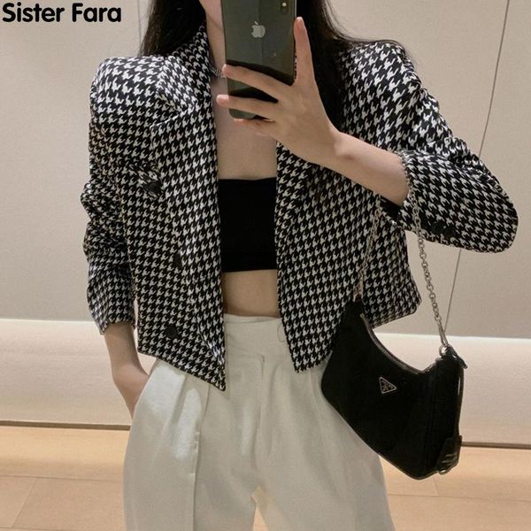 

sister fara spring 2021 new notched houndstooth blazers jacket woman single breasted long sleeve coat autumn office lady blazers, White;black