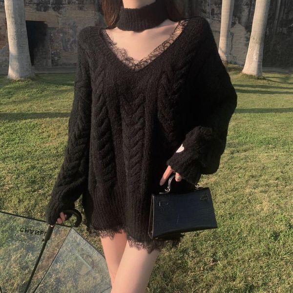 

goth patchwork lace v-neck halter neck collar ring side split vintage oversized sweater women pullover knit fashion korean, White;black