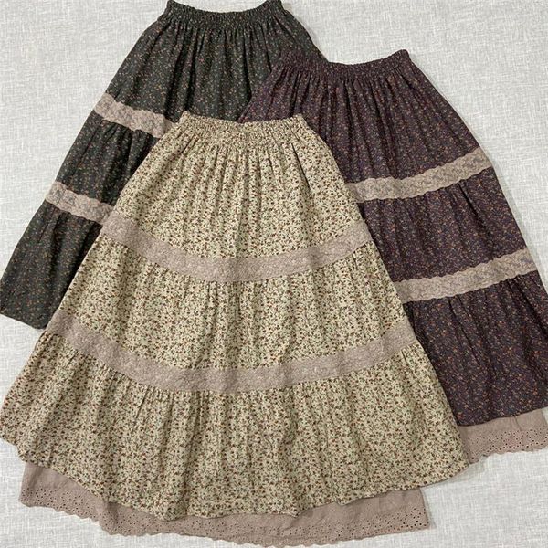 

johnature japanese cotton linen skirts for women 2021 spring new floral print mori girl elastic waist patchwork skirts, Black