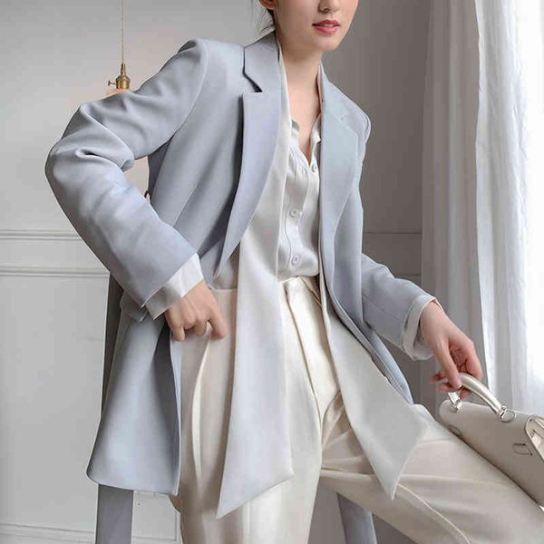 

women's suits & blazers [eam] women elegant belt blue blazer notched collar long sleeve loose fit jacket fashion spring autumn 2022 1dd, White;black