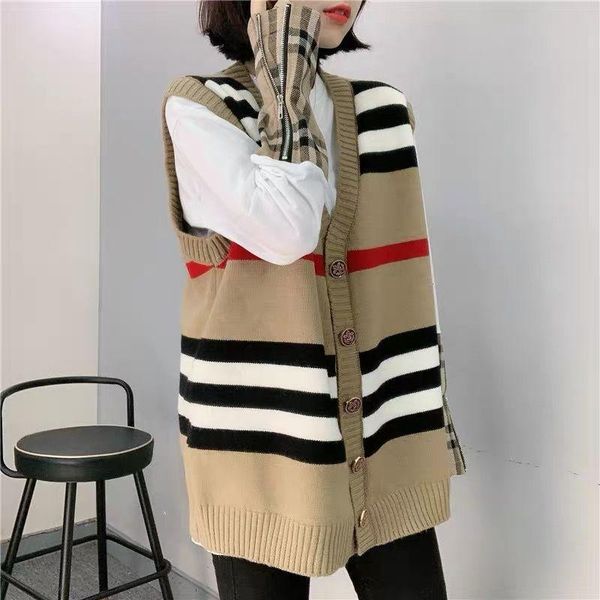 

women's knits & tees two-piece early spring v-neck striped vest temperament cardigan plaid t-shirt design sense suit trend, White