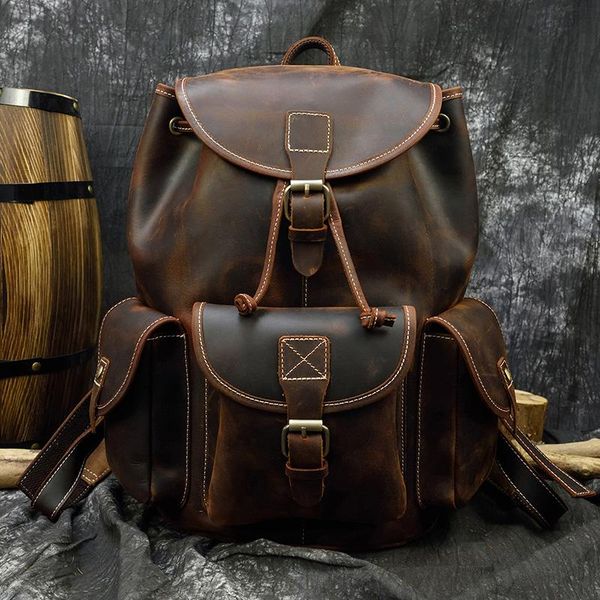 

backpack men's crazy horse genuine leather vintage handmade knapsack male retro rucksack classic travel large fashion