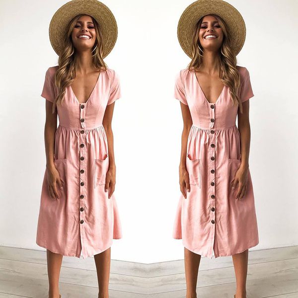 

2021 new women vintage simple short sleeve v neck button down swing midi summer with pockets vestidos casual ulxd, Black;gray