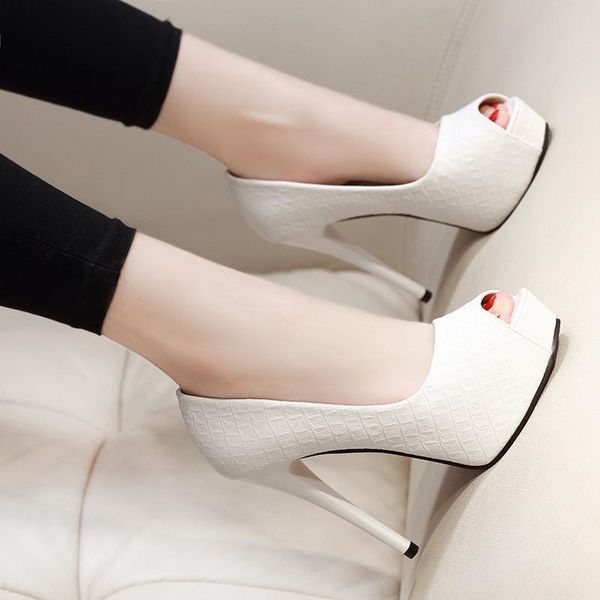 

dress shoes summer pumps women platform pu leather shallow 12cm thin high heels non-slip slip-on peep toe lady party female, Black