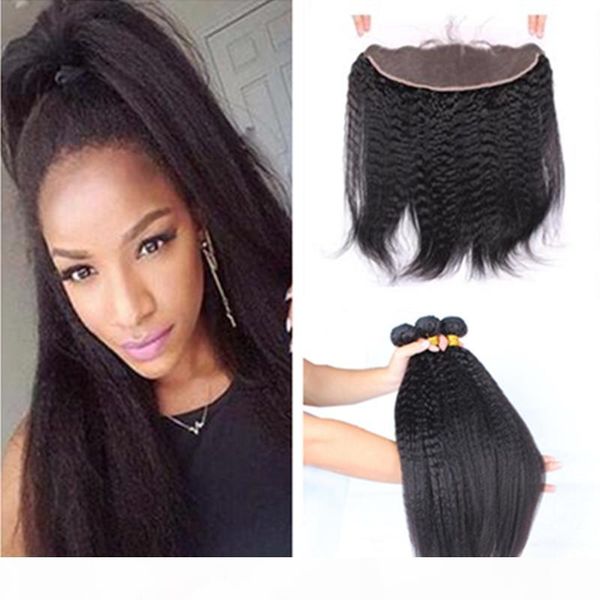 

7a grade kinky straight brazilian human hair wefts with frontals 4pcs lot italian coarse yaki lace frontal closure 13x4 with weaves bundles, Black