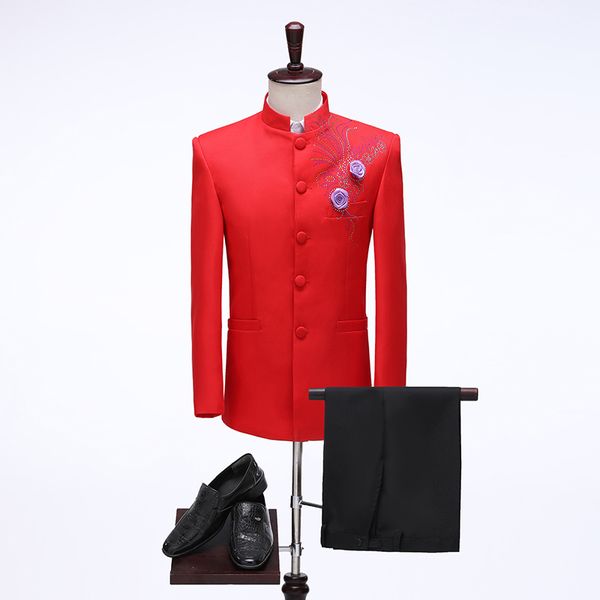 

chinese tunic suit male host chorus chinese style stage performance suits stand collar flower stones blazers pants 2-pieces set, Black;red