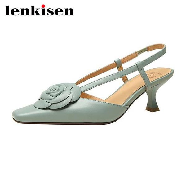 

sandals lenkisen green cow leather french flowers high heels square toe summer shoes beauty slingback elegant brand women l53, Black