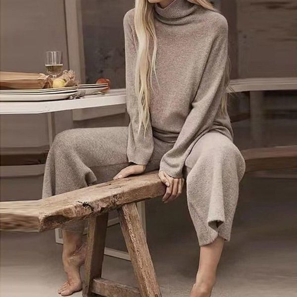 

women's two piece pants casual knitted set fashion turtleneck pullover + wide leg outfits autumn winter women long sleeve home suits, White