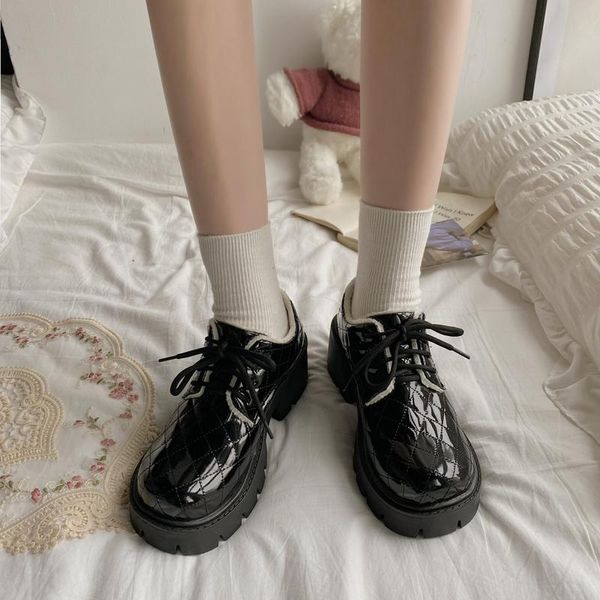 

dress shoes retro women's platform high-heeled with stitching cross laces winter punk fashion round toe single women, Black