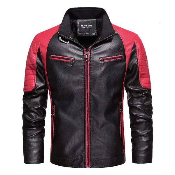 

men's short color matching leather jacket without cashmere, Black;brown