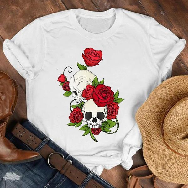 

women lady skull floral flower fashion 90s casual printing shirt clothes tshirt tee womens female print t graphic t-shirt, White
