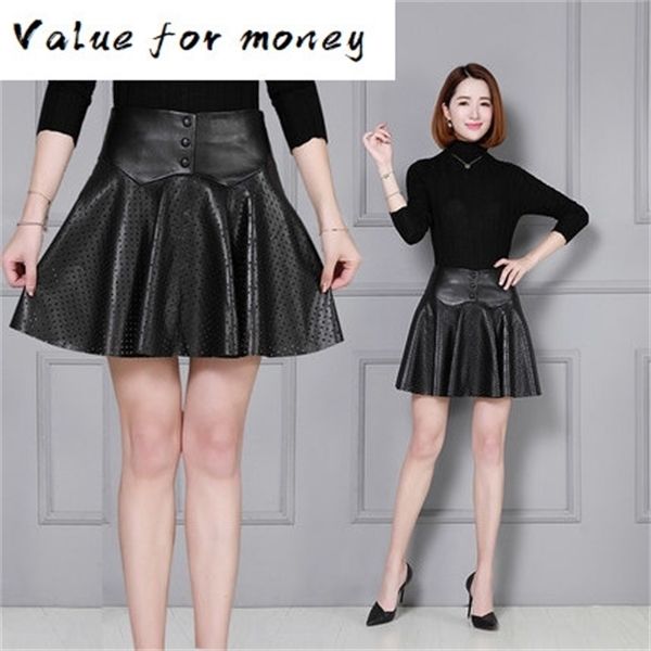 

pleated skirt leather sheepskin openwork leather skirt k71 y1214, Black