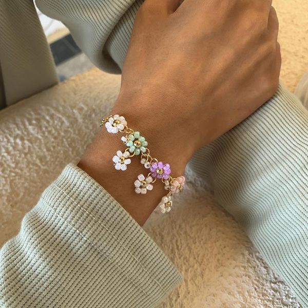 

charm bracelets korean sweet colorful little daisy acrylic flowers boho beaded for women girls jewelry accessories, Golden;silver