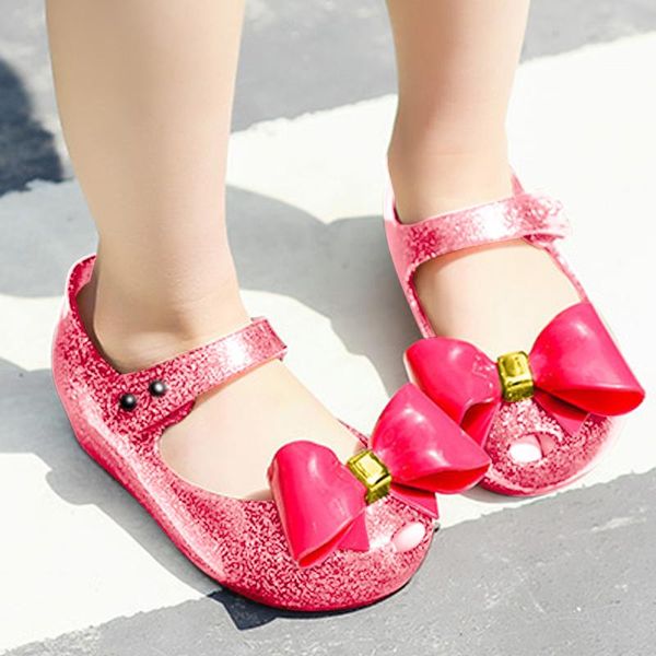 

sneakers baby girl bownot princess sandals kids beach shoes pvc non-slip soild color hook & loop jelly, Black;red