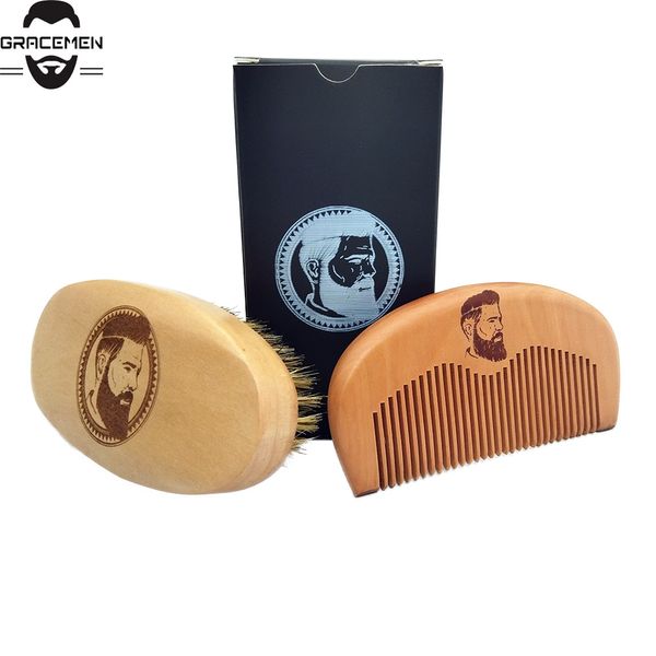 

moq 100 units custom logo hair beard mustache grooming kit brush and peach wood comb sets with logos & black gift box, Silver