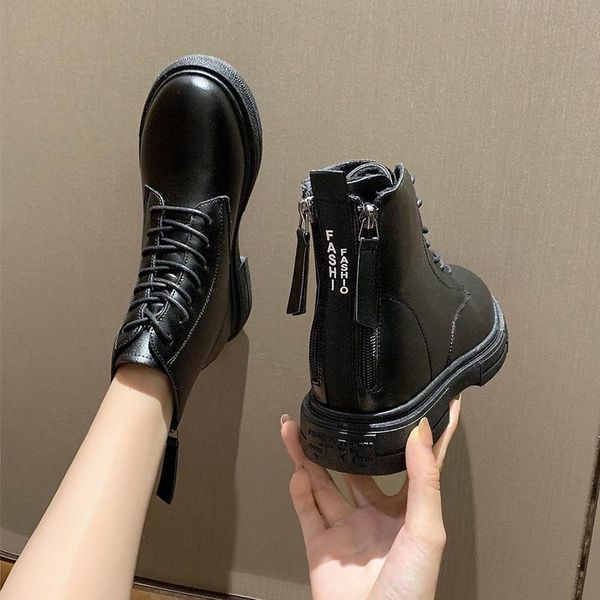 

boots female double zipper 2021 autumn thick-soled ins leather lace women's ankle white platform shoes, Black