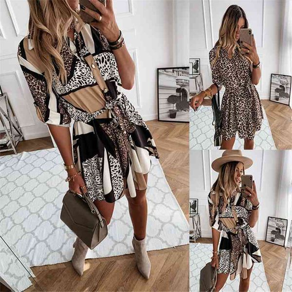 

leopard dress women summer mini party dress turn down collar office shirt ladies bandage dresses vestidos, Black;gray