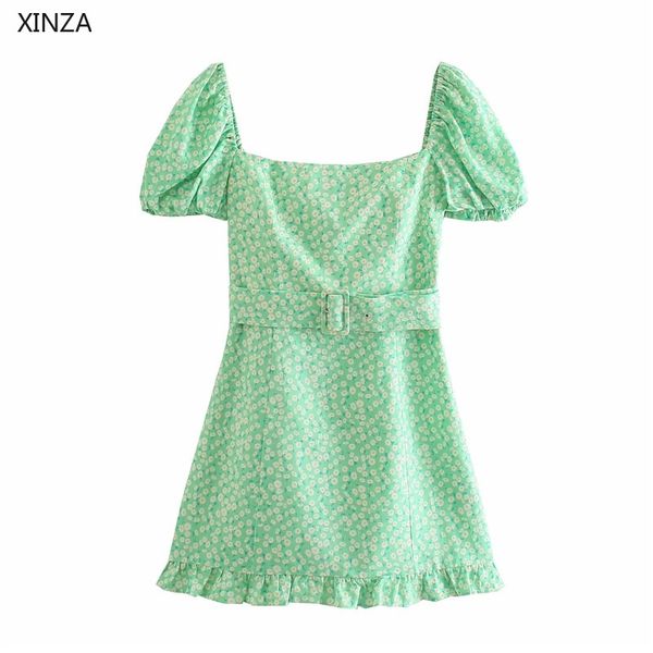 

casual dresses women floral print green puff short sleeve ruffle vintage summer woman square neck elastic mini belt 4bbn, Black;gray