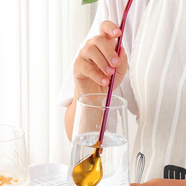 

drinking straws long polished straw spoon portable gold tea scoop reusable colored stainless steel cocktail coffee stirring