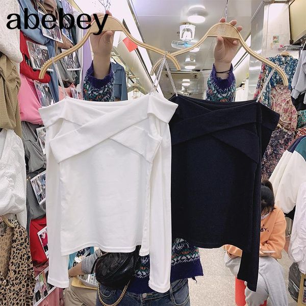 

women's t-shirt double chain tshirt women black white long sleeve off shouder backless shirts casual