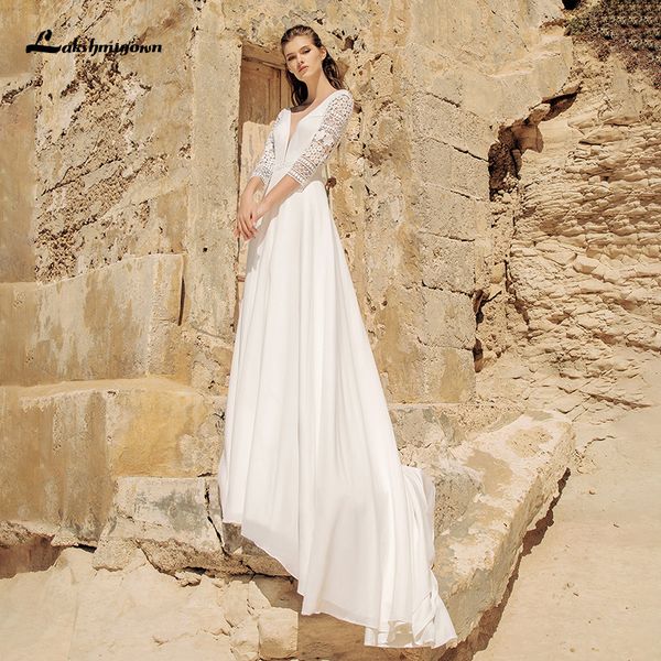 

2021 new boho a line satin wedding with 3/4 sleeves abito lace appliques elagent simple bride es vestido de novia rjze, White