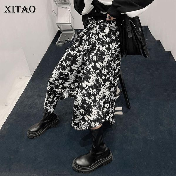 

xitao spring new contrast color print skirt fashion trendy irregular splicing loose hem women casual street all-match zy4863, Black