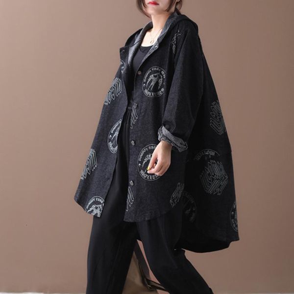 

women's jackets [ewq] 2021 spring autumn hooded lapel collar long sleeve print patchwork zipper vintage jacket women coat large size 19, Black;brown