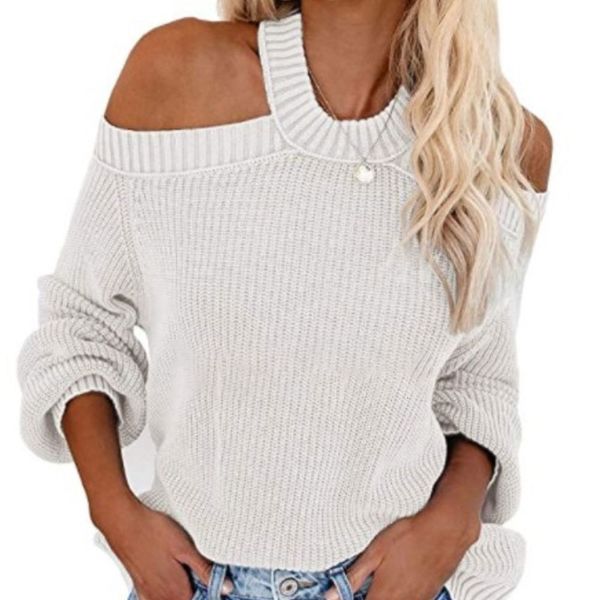 

New 2021 Sexy o Neck Off the Shoulder Knitted Vintage Solid Oversized Loose Sweater Autumn Casual Pullover Jumpers LWAJ, White;black