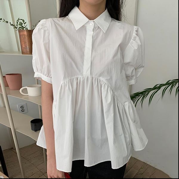 

ewq] 2021 new korean fashion solid puff sleeve blouse women pleated hem design summer tide clothing simple white laides blouse