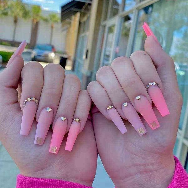 

false nails long coffin false nails crystal shiny french ballerina fake with design wearable stickers pink full cover tips 220225, Red;gold