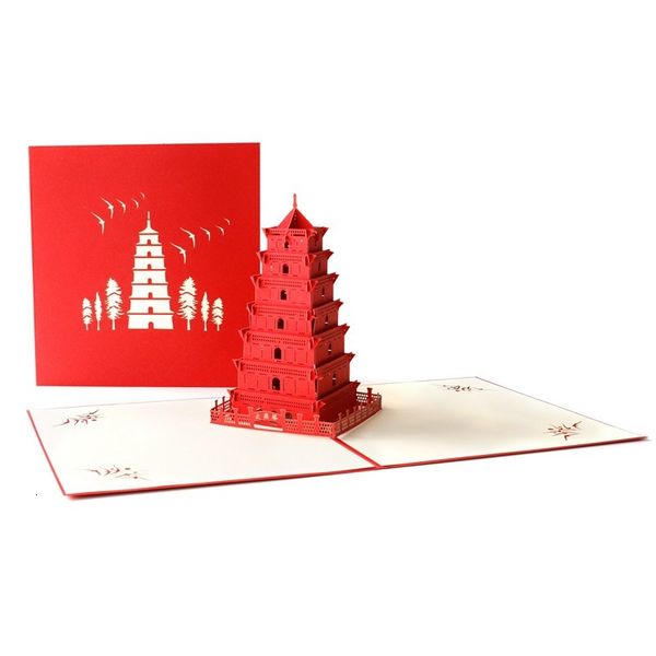 

silhouettes paper carving wild goose pagoda handmade creative three-dimensional greeting card travel blessing 3d