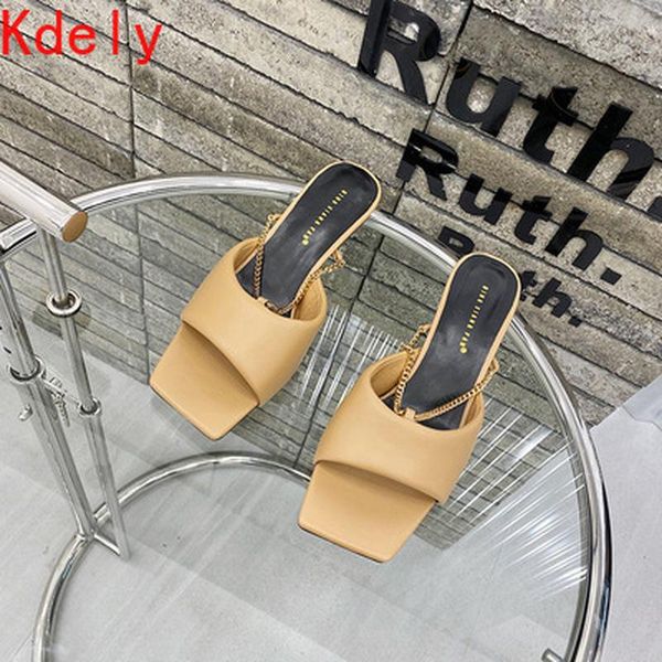 

fashion women sandals slippers open toe solid color metal chain shallow slippers thin mid heels purple shoes woman size 35-40, Black