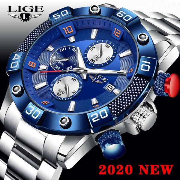 

wristwatches relogio masculino lige fashion mens watches wristwatch men quartz clock blue waterproof chronograph reloj, Slivery;brown