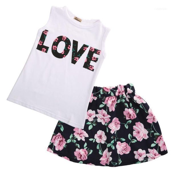 

emmababy flower girs clothing age 2-7y baby girls clothes set 2pcs/set love sleeveless t-shirts+print mini skirts outfits set1, White