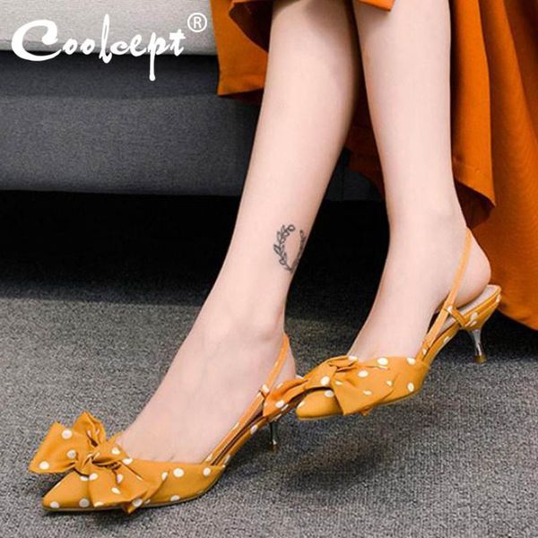 

sandals coolcept women fashion dot print sweet bowknot high heels summer shoes pointed toe wedding footwear size 34-40, Black