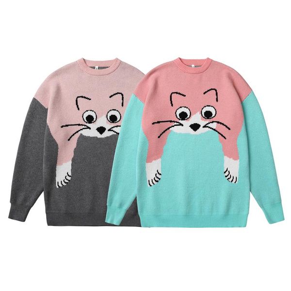 

men's sweaters hip hop knitwear mens harajuku cartoon kitten print sweater men streetwear animal pattern pullovers oversized jumpers, White;black