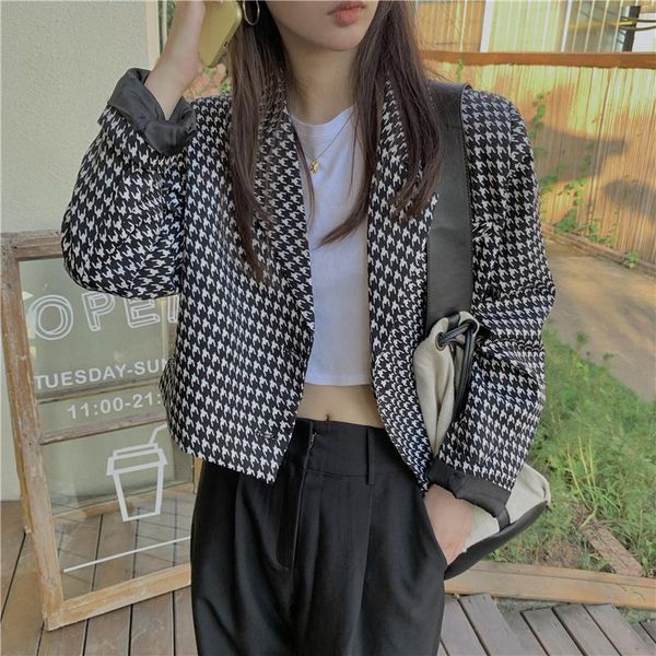 

zhisilao vintage houndstooth short blazer coats women elegant lattice single breasted blazer jacket spring 2021 formal office, White;black