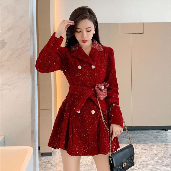 

casual dresses floral buttons double breasted blazer mini dress women plaid turn down collar velvet vintage sequines autumn party b518, Black;gray
