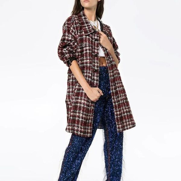 

women's wool & blends spring 2021 coat wine red plaid jacket long female slim blazer outwear, Black