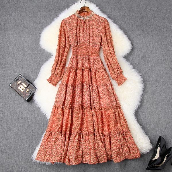 

2021 new superior quality elegant spring sleeves xl long printed ladies dressed in ladies'party dress elastic waistline on7i, Black;gray