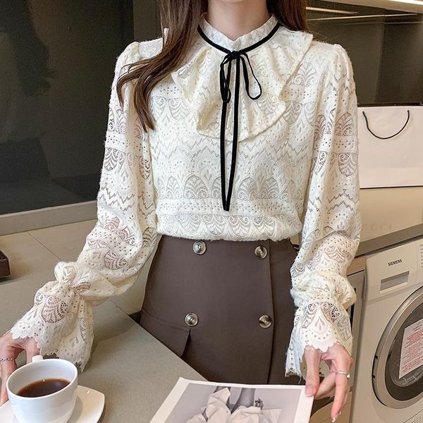 

women's blouses & shirts autumn lace-up bow round neck women apricot ruffle flare sleeves ladies blouse female elegant lace, White