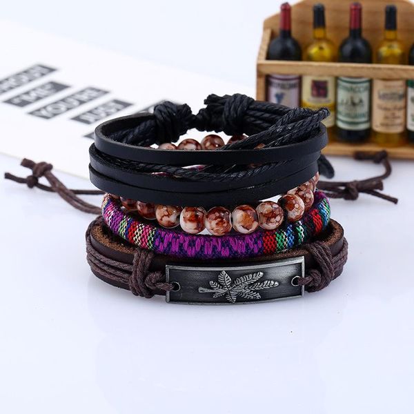 

charm bracelets 4pcs/set boho punk hippie black wrap leather purple violet silk knot tag bead layers bracelet bangles unisex, Golden;silver
