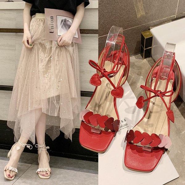 

sandals thick heels shoes new ladies high heels women sandals summer 2021 female shoes women's red love lace-up party, Black