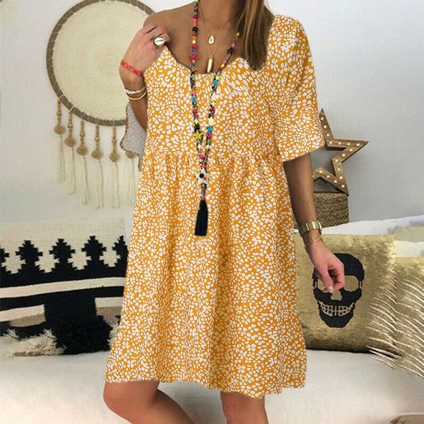 

casual dresses 40# boho floral print vintage dress women knee-length short sleeve plus size summer 2021 holiday vestidos, Black;gray