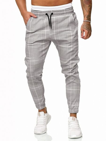 

men houndstooth print drawstring waist pants h1lf#, Black