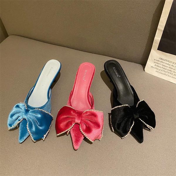 

slippers glitter slides shoes woman 2021 female mule thin heels butterfly-knot low cover toe casual jelly mules luxury basic rom, Black