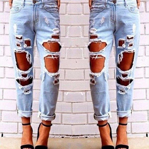 

trendy spring summer slim womens capris hole destroyed ripped distressed boyfriend denim jeans trousers, Black;white
