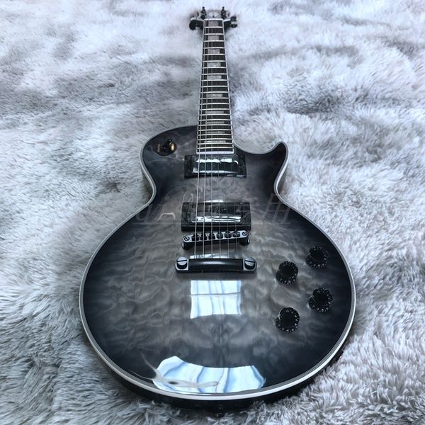 

custom electric guitar with black color mahogany wood body black hardware 2 fret ebony wood fingerboard quilt on guitar