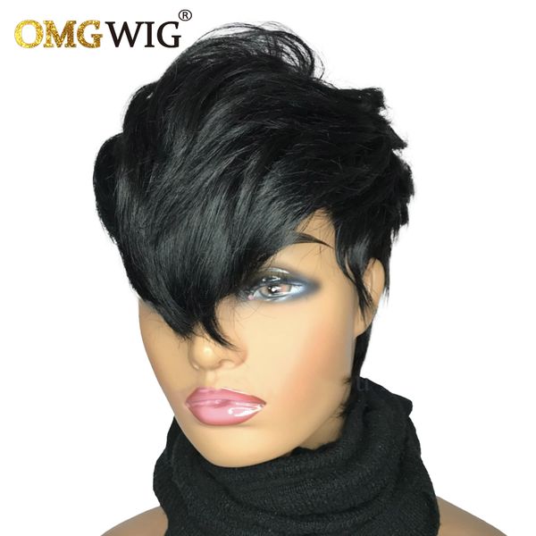 

pixie cut wig with bangs short bob wigs for black women glueless remy brazilian hair wig 150% density, Black;brown